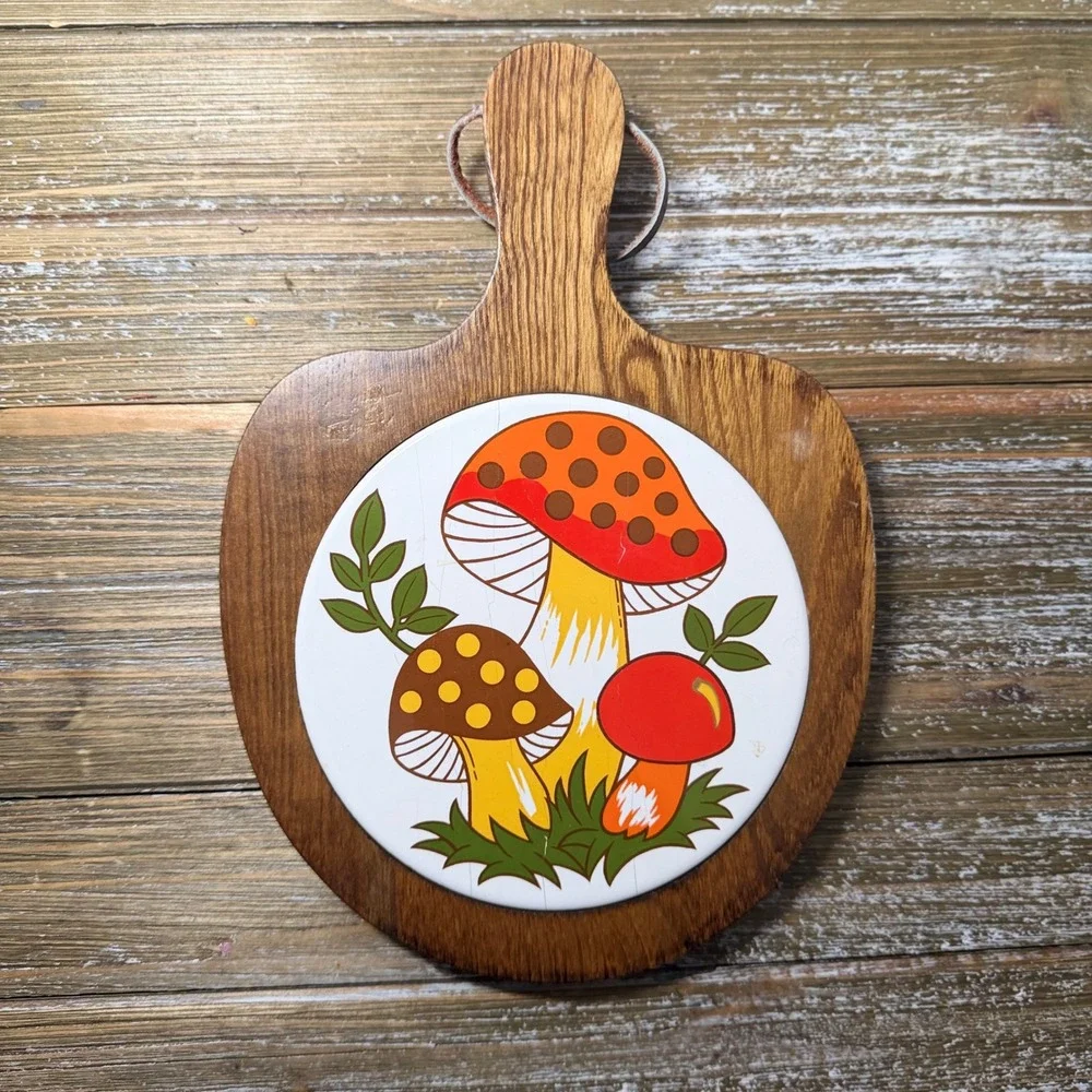 Vintage Merry Mushroom Wood Ceramic Trivet Brown Orange Boho Cottagecore Japan